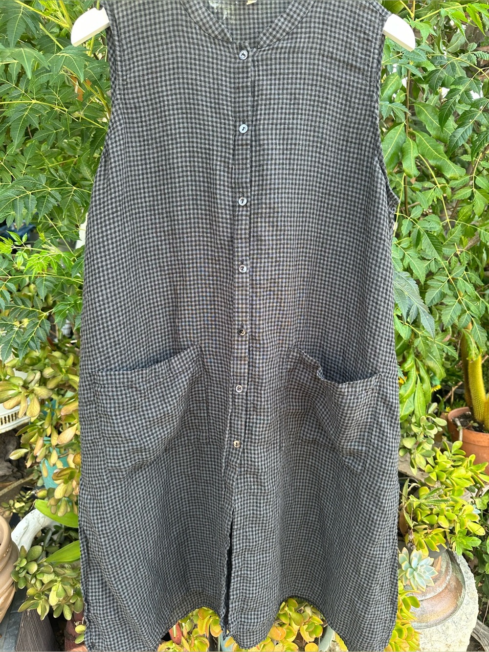 Eileen Fisher Sleeveless Button-Down Gingham Dress in Black and Gray